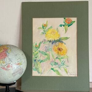 Vintage Original Watercolor Painting Marigolds Floral